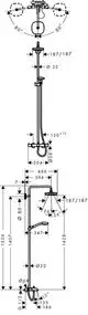 Hansgrohe Duschsystem mit Wandmontage, bestehend aus einem Thermostat, einem Duschkopf und einem Handbrauseanschluss, dargestellt in technischen Zeichnungen mit Maßen und Anordnung.